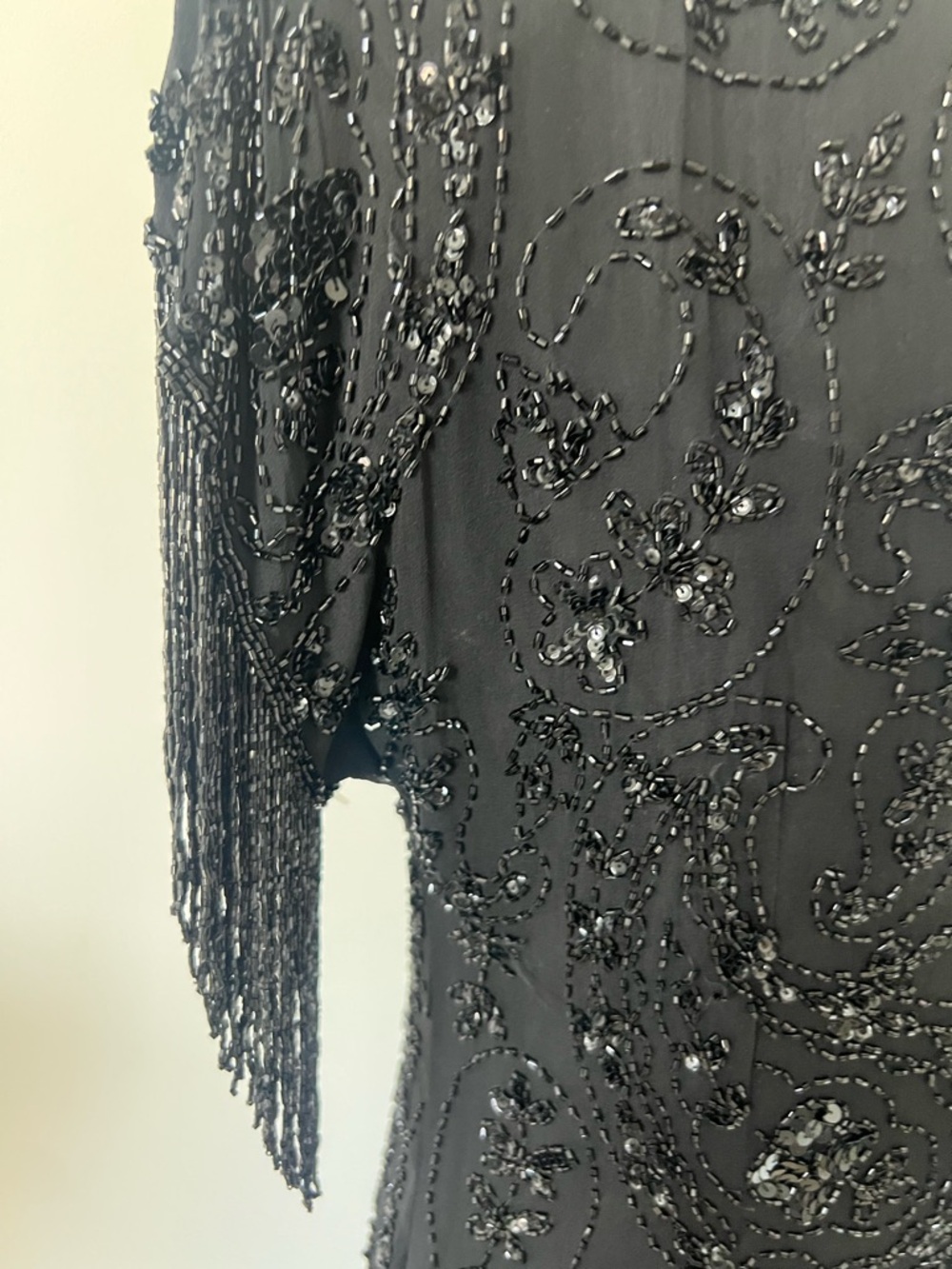 Vintage 70s Silk Oleg Cassini Black Beaded Fringe Sequin Dress Size 10  Flapper - Picture 3 of 9